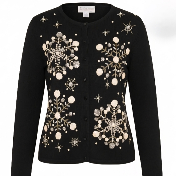 Tiara International Sweaters - Vintage Tiara International 2004 Black Snowflake Cardigan Small Sequin Beaded